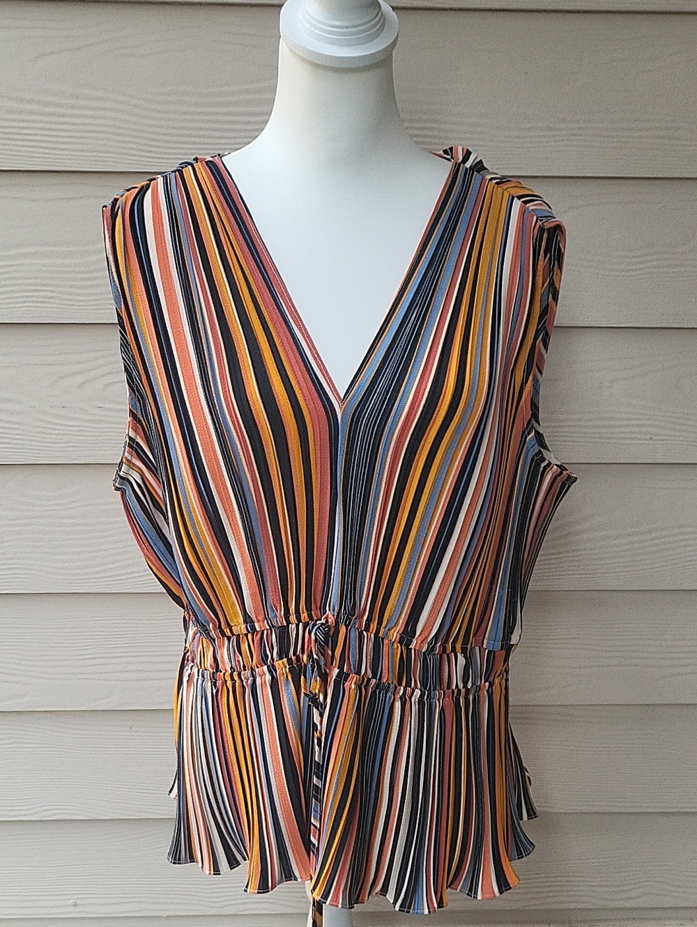Nine West Striped V-Neck Tie-Waist Peplum Top Multi Color Size XXL